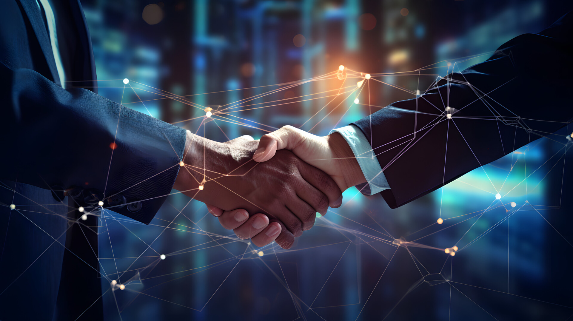 Businessmen handshake global stock market graph bar chart globe network connection links diagram background. Digital innovative technology internet communication agreement partnership. Generative Ai.